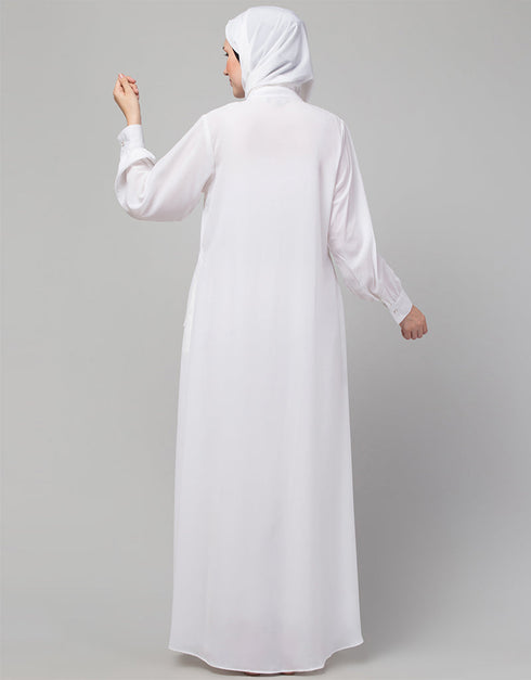 Chic White Hidden Placket front open casual Abaya Back View